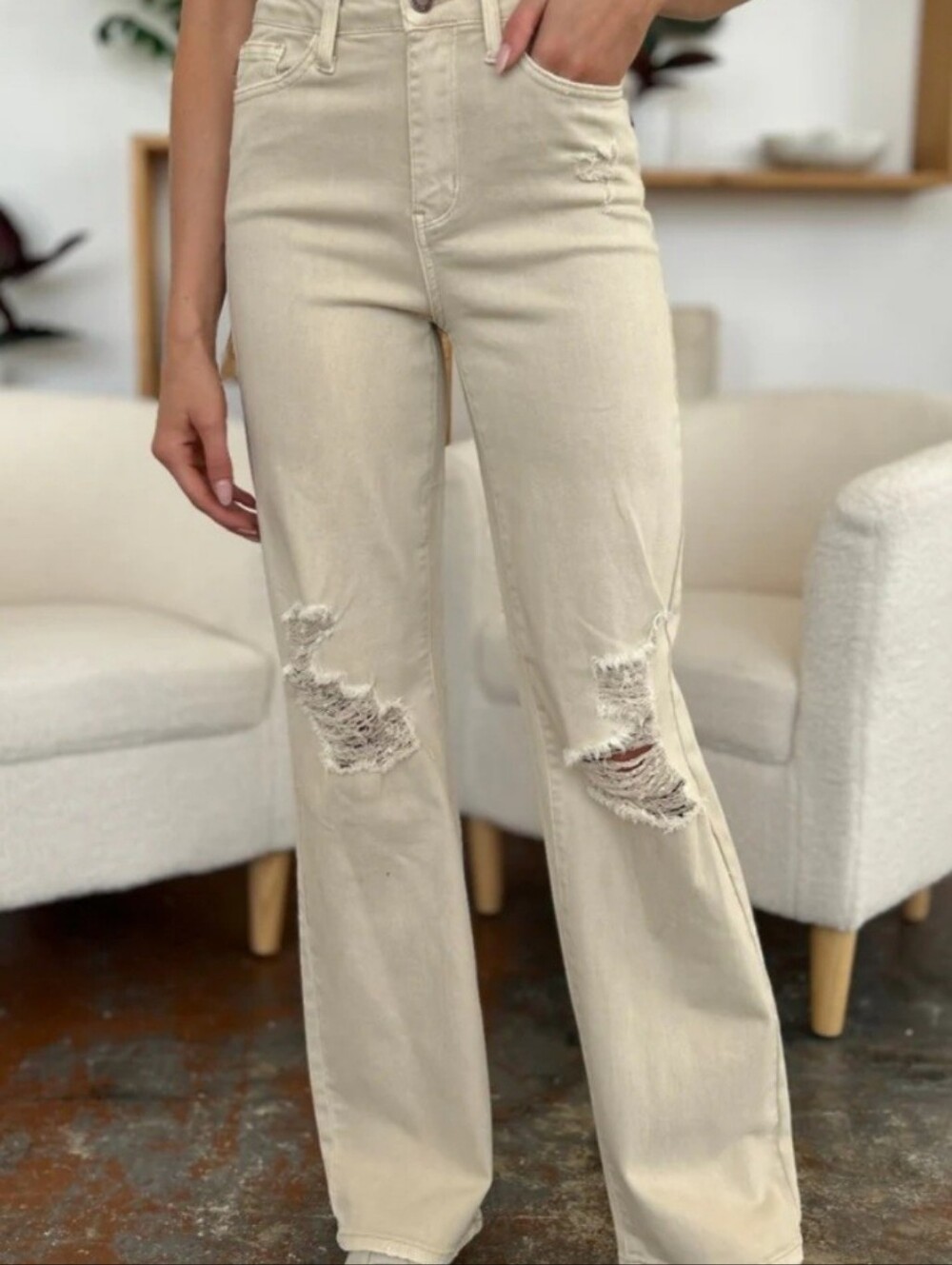 Judy Blue Cream Distressed 90s Straight Jeans-sizes 7, 9, 11, 13